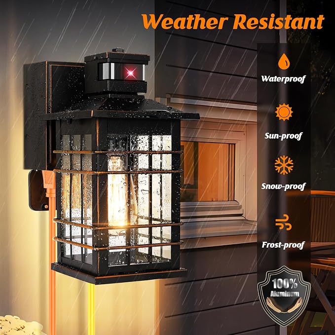 Porch Lights with GFCI Outlet, 2-Pack Motion Sensor Dusk to Dawn Waterproof Outdoor Lights, 3 Modes Oil-Rubbed Bronze Exterior Light Fixtures Wall Mount, Outside Wall Lanterns for Front Door House