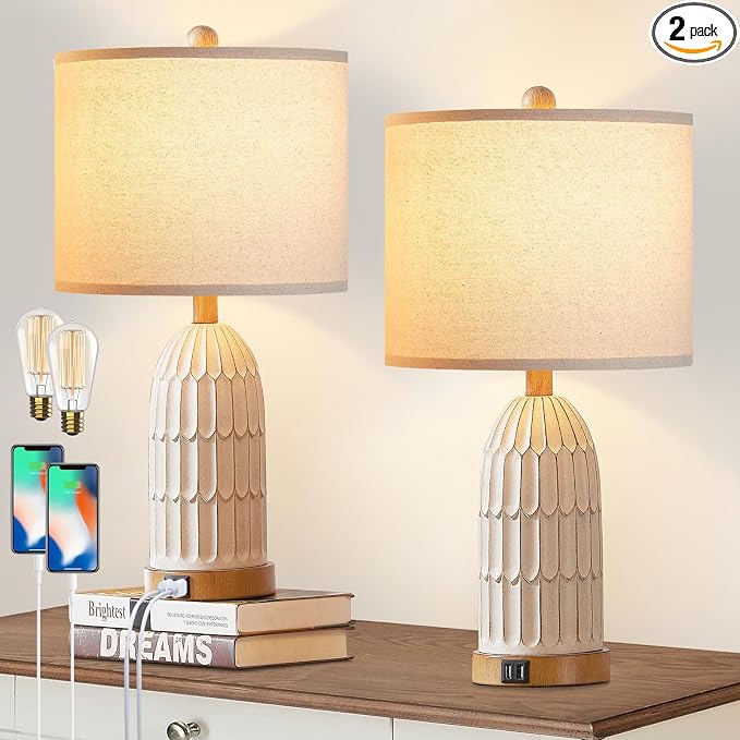 Farmhouse Table Lamps Set of 2,Nightstand Bedside Lamps for Bedroom | 3-Way Dimmable Touch Control,2 USB Charging Ports,Boho,White, Vintage, LED Bulbs Included, Living Room,End Table