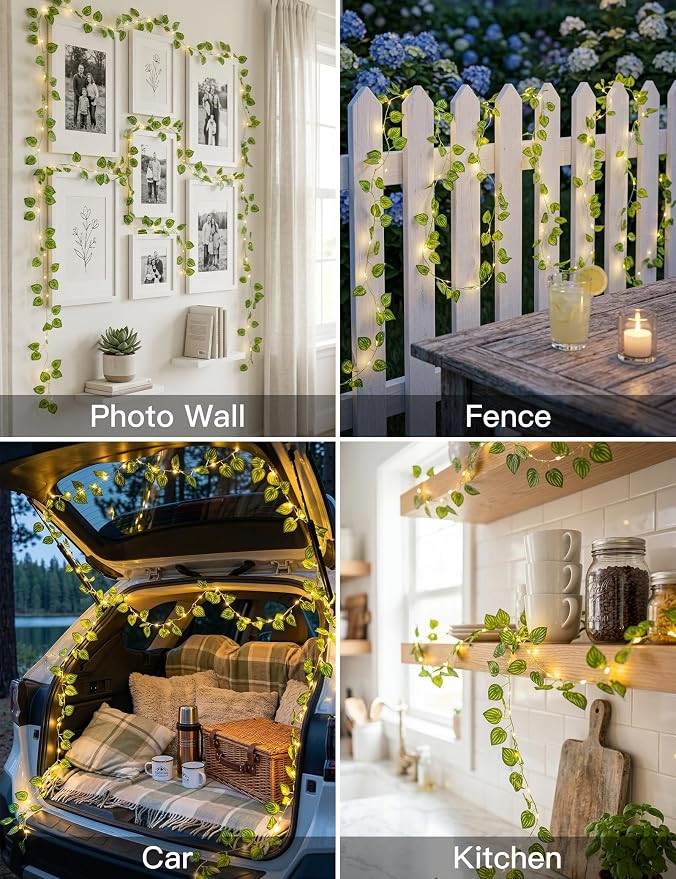 33FT Watermelon Vines with Lights Battery&USB Powered Copper Wire | 100Led Leaves String Lights with Remote,Artificial Plants for Indoor, Bedroom,Wall,Party Tropical,Dorm Decor(Warm White)