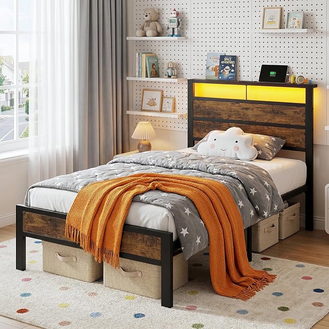 Twin Bed Frame with LED Lights & USB Charging Station | Metal Platform Bed with Storage Headboard, Under Bed Space, Noise Free, No Box Spring Needed, Easy Assembly, Brown