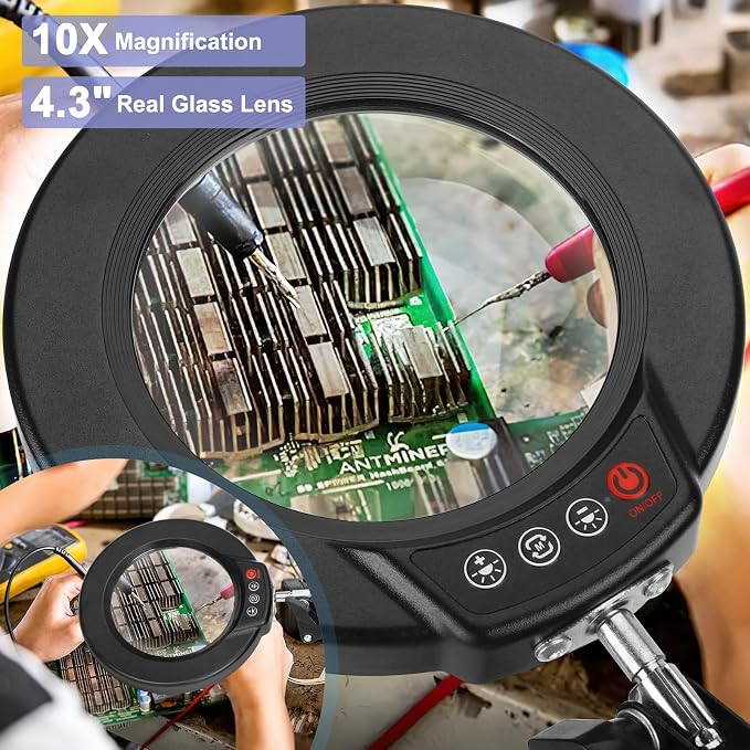 10X Magnifying Glass with Light and Clamp, Real Glass Stand Lighted Magnifier, 2*16 Arm 5 Color Modes Stepless Dimmable LED Desk Lamp Hands Free for Craft Hobby Reading Painting Close Work Large Black