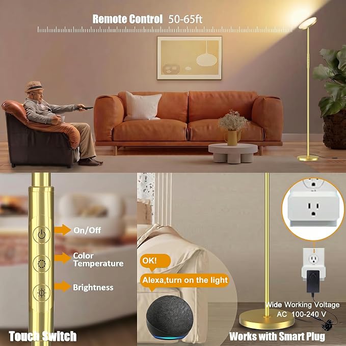 Floor Lamp, Upgraded 40W 4000LM Super Bright Torchiere LED Floor Lamps for Living Room, Stepless Dimmable Color Temperature 2700K-6500K with Remote & Touch Control, Standing Light (40W Brushed Gold)