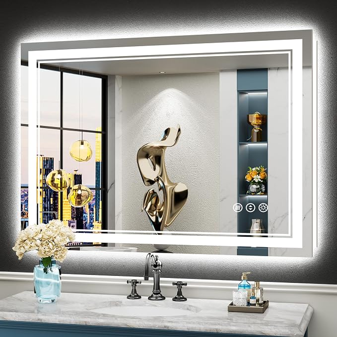 44x32 LED Bathroom Mirror, Backlit & Front Lit Lighted Mirror | Anti-Fog Vanity Mirror with Lights, 3 Color Dimmable, Memory, HD Tempered Glass, CRI95, IP54, UL Listed, Horizontal/Vertical