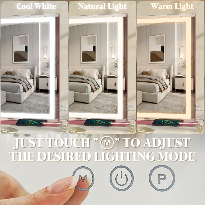 FENNIO Large Vanity Mirror with Lights，40" x 28"Makeup Mirror with Lights，Hollywood Mirror with 3 Color Modes & Adjustable Brightness，Vanity Mirror Square Pink