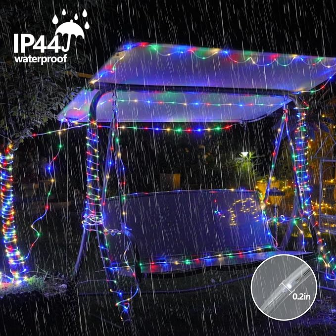 YEGUO Solar Rope Lights Outdoor Waterproof, 2 Packs Each 33ft 100 LED String Lights, 8 Modes Fairy Lights in Clear Thin Tube for Camping Fence Patio Garden Trampoline Deck(Multicolor)
