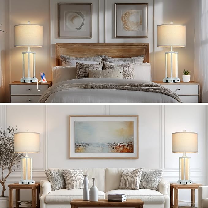 27" Tall Vintage Table Lamp Set of 2 with USB C+A & Outlet,Nightstand Lamp for Living Room,Bedside Lamps with Frosted Glass Night Light for Bedroom Entryway,White