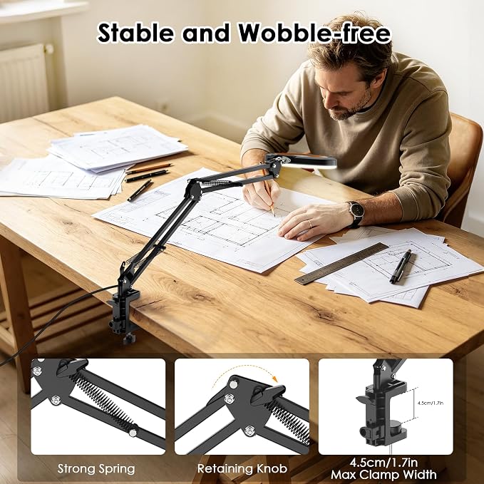 12X Magnifying Glass with Light and Stand Hands Free, Long Swing Arm Desk Magnifying Light with Clamp for Close Work, Dimmable Lighted Magnifier Lamp for Soldering Craft Jewelry Bench Sewing