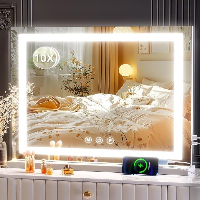 Gvnkvn Makeup Vanity Mirror with Lights 20" L x 26" W Large LED Makeup Mirror, Light up Mirror with 10X Magnification and USB Charging Port, Dimmable 3 Modes, Touch Screen Control White