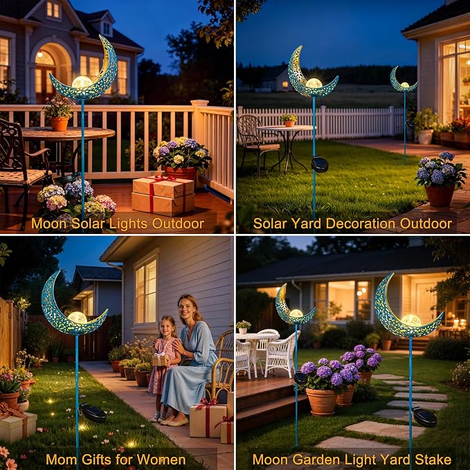 Moon Solar Garden Lights Outdoor Stakes, Waterproof Crackle Glass Metal Yard Lights for Lawn, Patio Accessories, Backyard Decor, Birthday Gifts for Mom