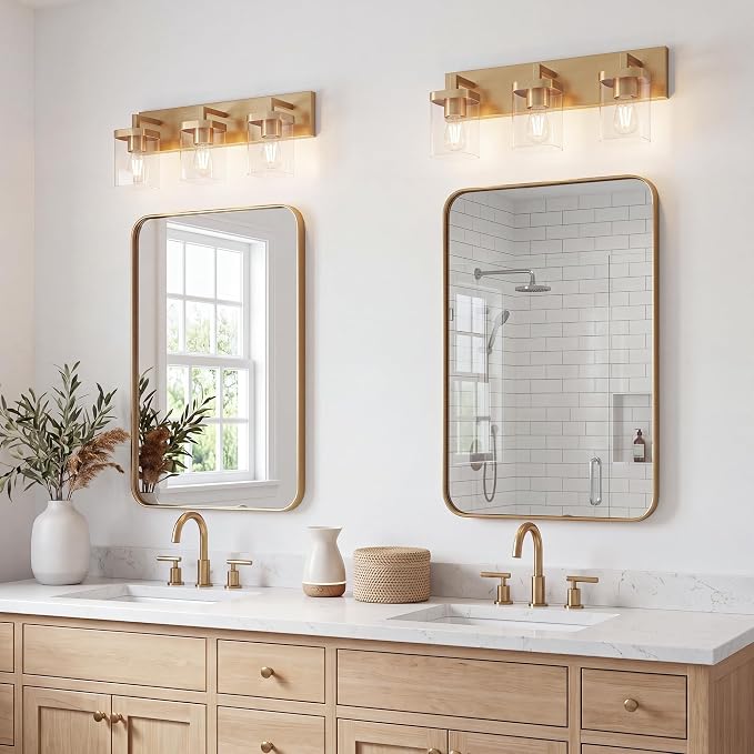 Bathroom Lighting Fixtures Over Mirror, Square Design & Rectangle Large Backplate, 3 Lights Modern Vanity Lighting Fixtures, Bathroom Light Fixtures for Bathroom/Living Room/Bedroom, Gold
