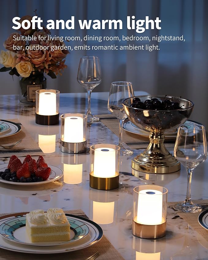 4" Gold Cordless Table Lamp 2 Pack, Outdoor Rechargeable Lamp | LED, Battery Operated, Portable, Touch Night Light for Dining Room, Camping, Bar, Party, Bedside, Bedroom, Home Decor, Gift