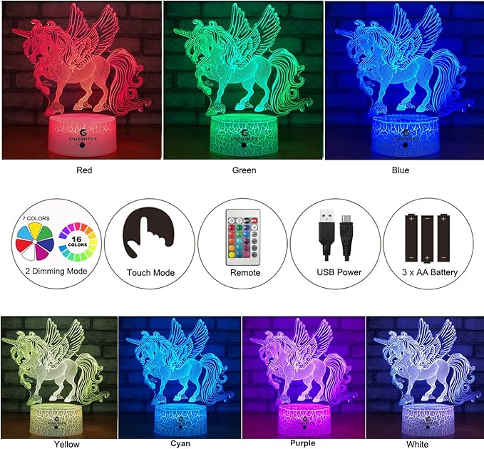 Easuntec Unicorn Night Lights for Kids with Remote & Smart Touch - 7 Colors + 16 Colors Changing, Dimmable Unicorn Toys for 1-8 Year Old Girls