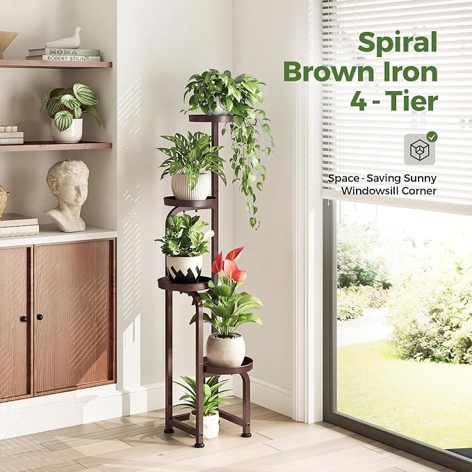 Bamworld Corner Plant Stand Indoor Outdoor Tall Metal Flower Pot Stands | 4 Tier Brown Heavy Duty Plant Shelf for Multiple Plants Patio Garden Balcony Living Room Bedroom(Patent Design)