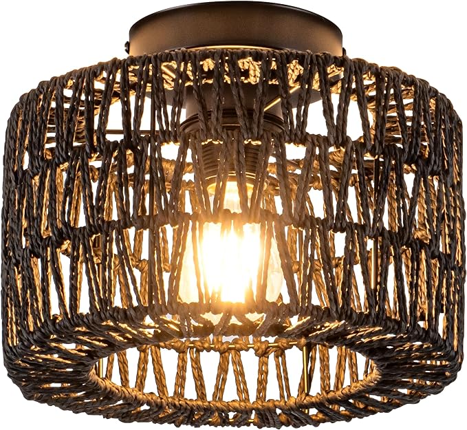 Rattan Ceiling Light, Black Flush Mount Ceiling Light, Boho Light Fixture for Bedroom Kitchen Hallway Entryway, 1 Light