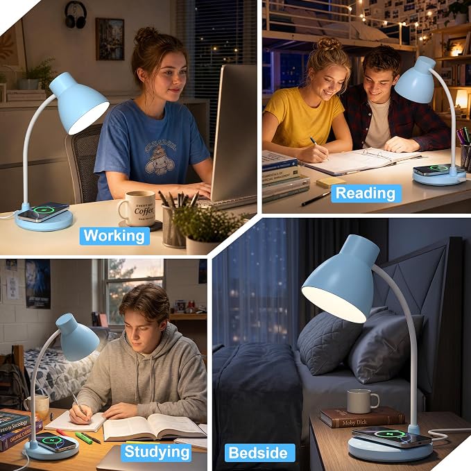 LED Desk Lamp for Home Office with Wireless Charger, Blue | 3 Color Modes Dimmable Eye-Caring Study Reading Dorm Desk Lamp, 360° Flexible Arm Table Lamp for College Dorm Room, 800 Lumen