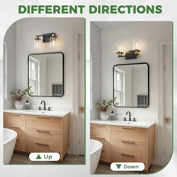 Bathroom Light Fixtures, 2-Light Black and Gold Bathroom Lights Over Mirror with Clear Glass Shade, Vanity Lights for Hallway Bedroom Living Room, ETL Listed | Modern Vanity Lights With Clear Glass Shade, Bathroom Wall Light for Mirror, Kitchen, Living...
