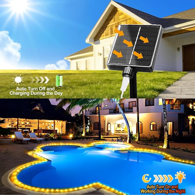 KNONEW Solar Rope Lights Outdoor 2 Packs Total 600LED 100FT Solar String Light Outside Waterproof with 8 Modes Clear Thin Tube for Pool Patio Garden Fence Camping Yard Deck Trampoline（Warm White）