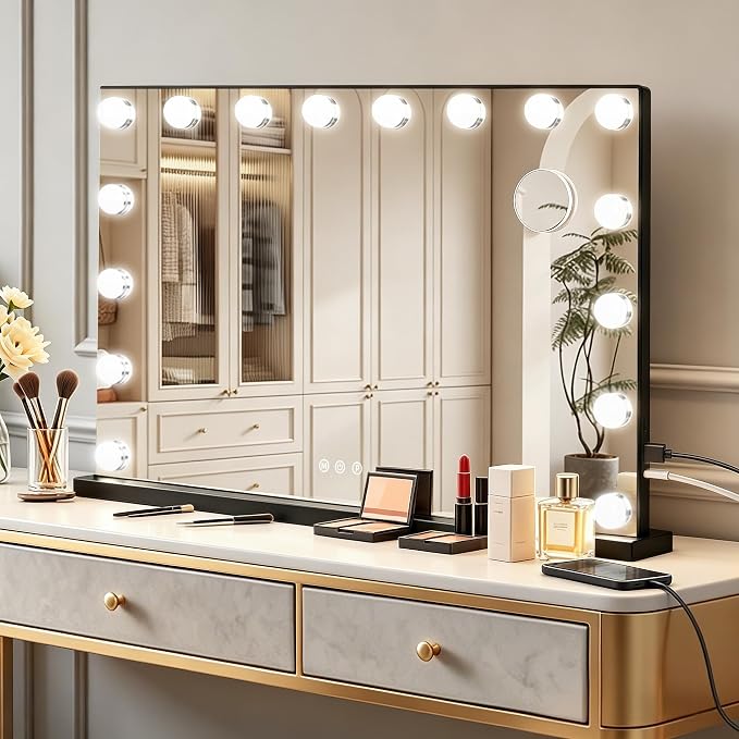Ratsamee Black Hollywood Vanity Mirror with Lights, 17 Dimmable Bulbs, 3 Color Lights,Make Up Lighted Mirror, Aluminum Metal Frame, USB Charging Port（26" x 20"）