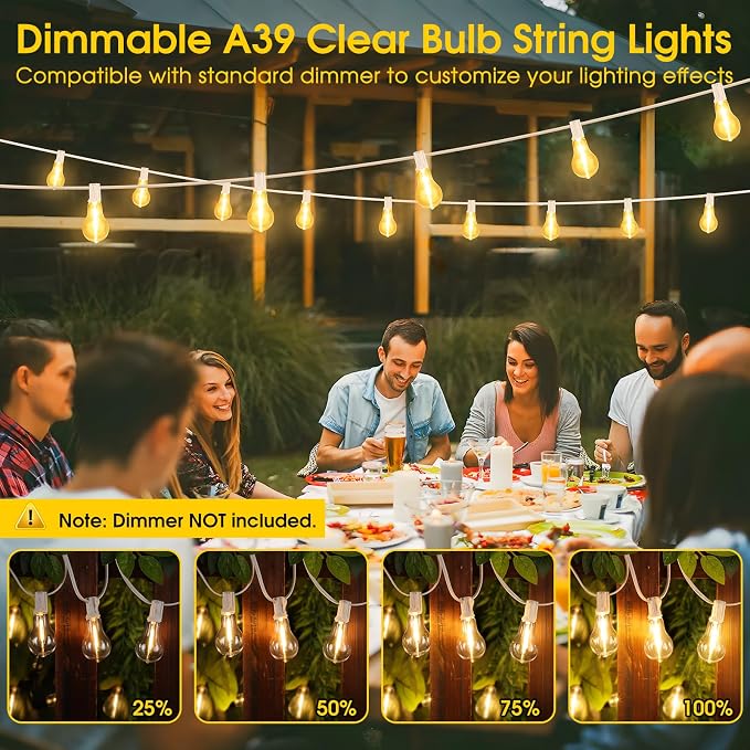 100FT Outdoor String Lights, Patio Light with 32 A39 Bulbs, White | Plug in, Dimmer not included, Waterproof, Shatterproof, Extendable, LED Hanging Lamp for Wedding Engagement Birthday Party