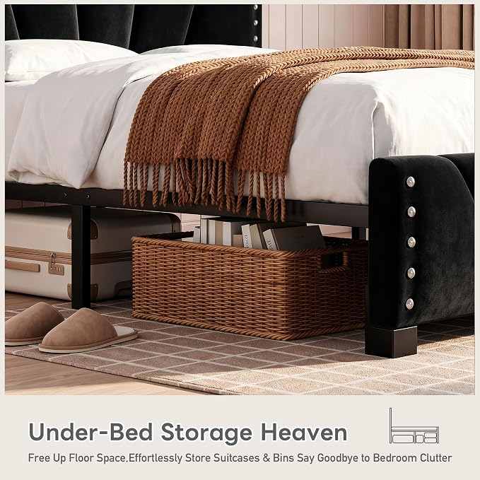 EnHomee Full Bed Frame with Adjustable Headboard,Charger & LED Lights,Black | Adjustable Velvet Headboard，Under-Bed Storage，Heavy Duty Support with 12 Slats，No Box Spring Needed，Easy Assembly for Bedroom