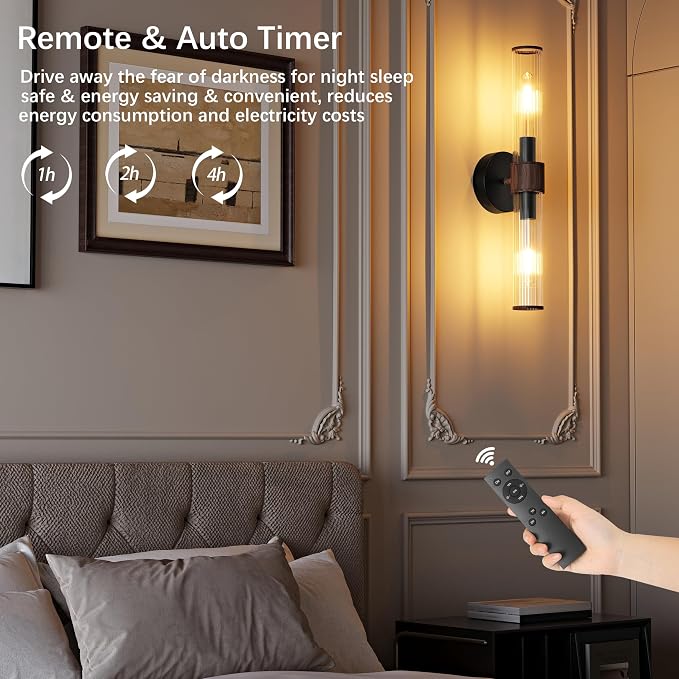 Morauroral Black Walnut Battery Operated Wall Sconces Set of 2, Rechargeable Wall Lights with Remote, 20 Inch Modern Wireless Wall Lamp for Bedroom, Living Room with White Shade (Bulbs Included)