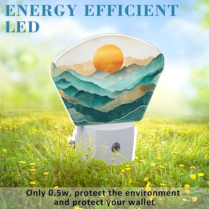 Abstract Golden Sun Plug in Night Lights, Green Mountains Nightlight Plug Into Wall Dusk to Dawn Sensor for Kid Girls Boys Women Men Room, Hallway, Kitchen, Bathroom, Stairs Decor