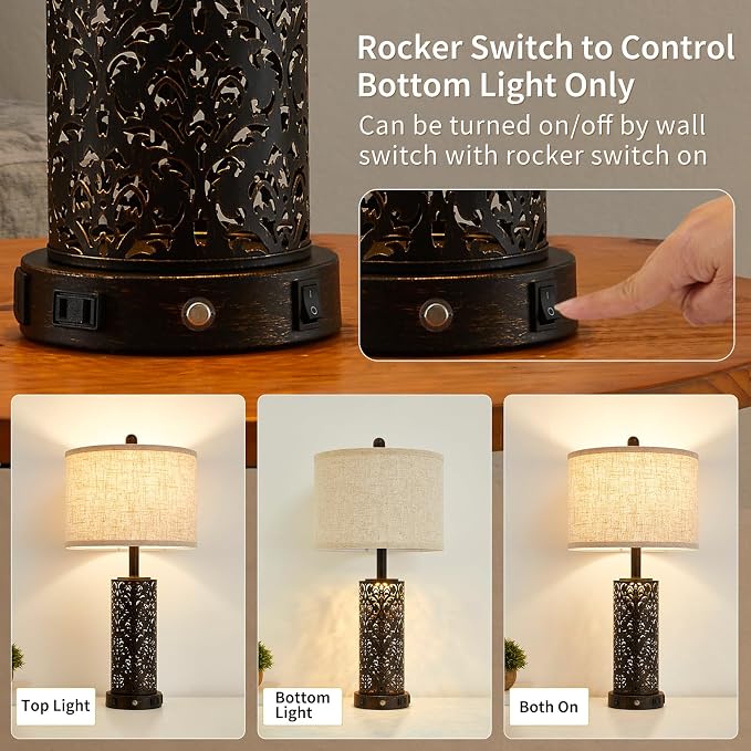 SAIWEYA 26" Set of 2 Farmhouse Table Lamp for Bedroom, Dimmable Touch | 3 Way Dimmable, 2 USB Ports + AC Outlet Bedside Lamp for Nightstand, LED Bulb Included, Fabric Shade, Flower Metal Body