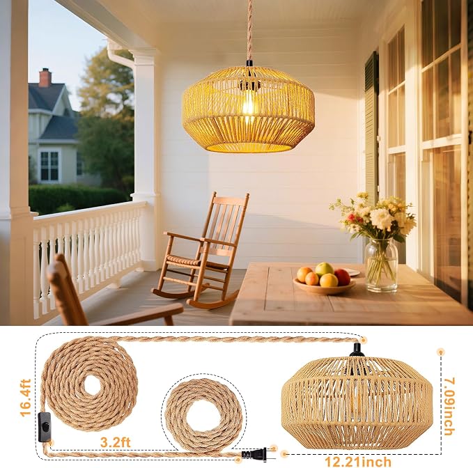 Hanging Light Ceiling Lamp Pendant Lights Rattan Hanging Lamp with Plug in Cord for Living Room Bedroom Kitchen Indoor Hanging Lamp Plug in Woven Lampshade