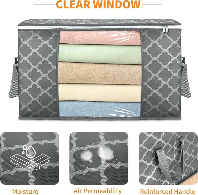 90L Large Storage Bags, 6 Pack Clothes Storage Bins Closet Organizers | Foldable Storage Containers, with Reinforced Handle, for Clothing, Blanket, Comforters, Bed Sheets, Pillows and Toys