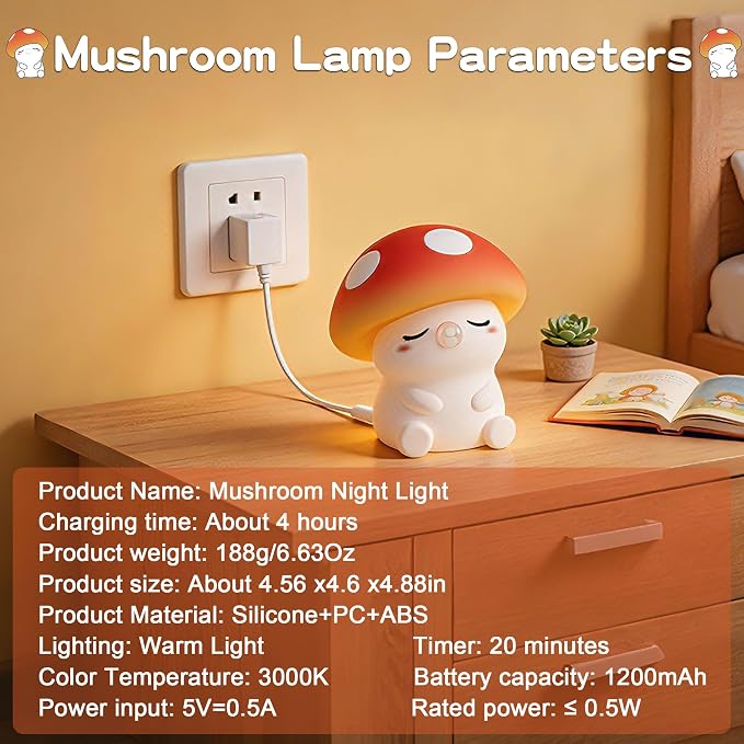 FAMIDUO Mushroom Night Light, Squishy Silicone Touch Bedside Nursery Lamp | Warm Glow, Safe BPA-free Silicone, 20-min Auto Sleep Timer, 2 Brightness,Kids Room Decor, Baby Shower Gifts for Girls Toddler