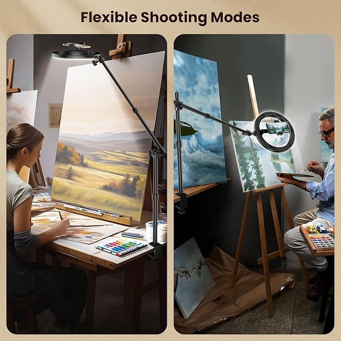 Overhead Phone Camera Mount for Desk Tripod - 10" Ring Light with Stand - Solid Ring Light with Clamp for Artist Drawing, Video Recording,CRI >95 RingLight for Tabletop