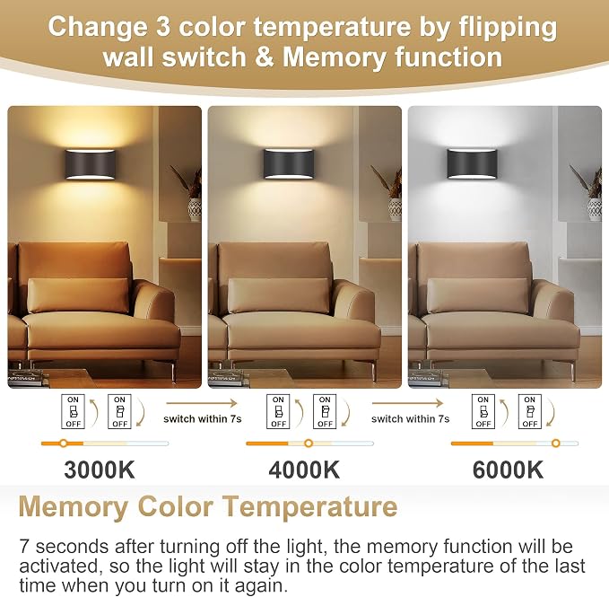 TRLIFE Modern Wall Sconces, 3000K/4000K/6000K Selectable and Dimmable LED Wall Sconce 12W Aluminum Wall Mounted Light Hardwired Wall Sconces for Bedroom Bedside Living Room Hallway(Black, 1 Pack)