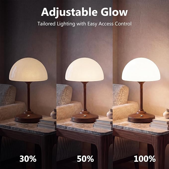 Table Lamp Cordless Lamp,5000mAh Rechargeble Battery Operated Lamp | Small Bedside Desk Lamp 11.02" with Glass Shade 3-Way Dimmable Portable LED Table Light,for Outdoor,Dinner(Walnut Wood Grain)