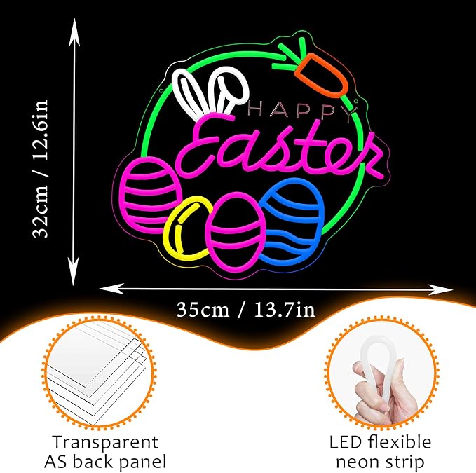 LISIGNVE Easter Neon Sign for Wall Decor Happy Easter Neon Lights with Cute Bunny Eggs LED Rabbit Carrot Light Signs for Bedroom Party Home Bar