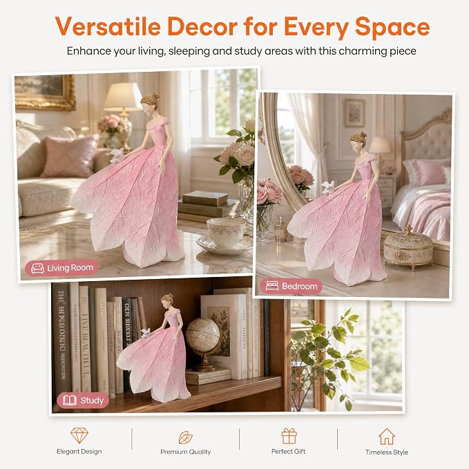 Guichifun Pink Leaf Angel Girls Fairy Statue Home Decoration | Resin, Home Garden Patio Living Room Decor, Memorial Gift for Mom 5.5 x 3.25 x 8 Inch