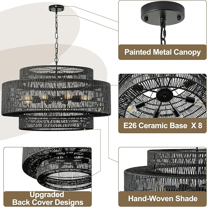 31.5"Large Boho Rattan Farmhouse Chandeliers for Dining Room,8-Light Rattan Hand-Woven Rustic Drum Chandelier Pendant Light Fixture for Kitchen Island Bedroom Living Room Entryway Foyer(Black)