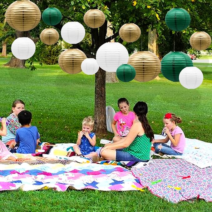 21-Pack Green Gold Paper Lanterns Party Decorations | Round Hanging Lantern for St. Patrick's Day, Graduation, Wedding, Tropical Jungle Theme Birthday, Football Theme Baby Shower