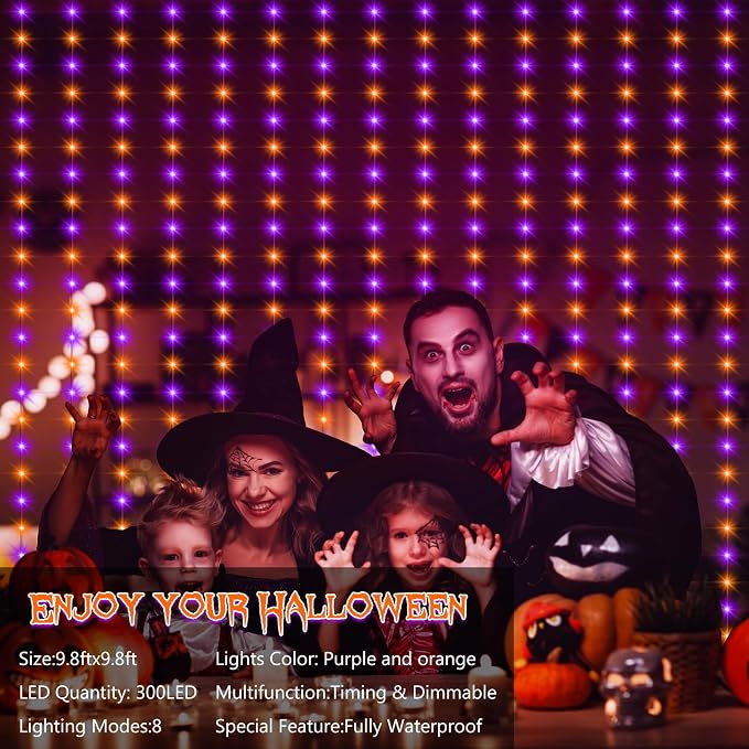 echosari Halloween Curtain Lights Battery Operated 9.8 x 9.8Ft | 300 LED Twinkle Lights Timer for Bedroom Wedding Backdrop Decor Orange & Purple