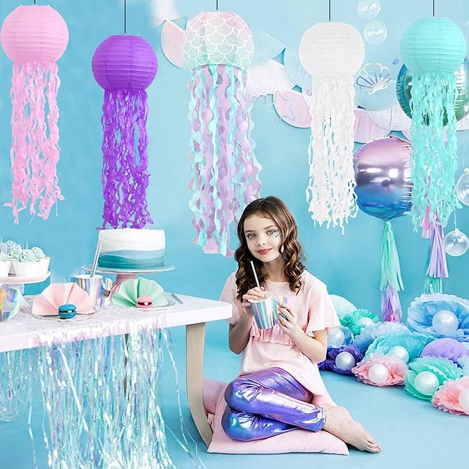 ADLKGG Hanging Jelly Fish Paper Lanterns, Pink Purple Blue White Paper Lanterns for Mermaid Theme Party Under The Sea Ocean Birthday Decorations, Set of 5