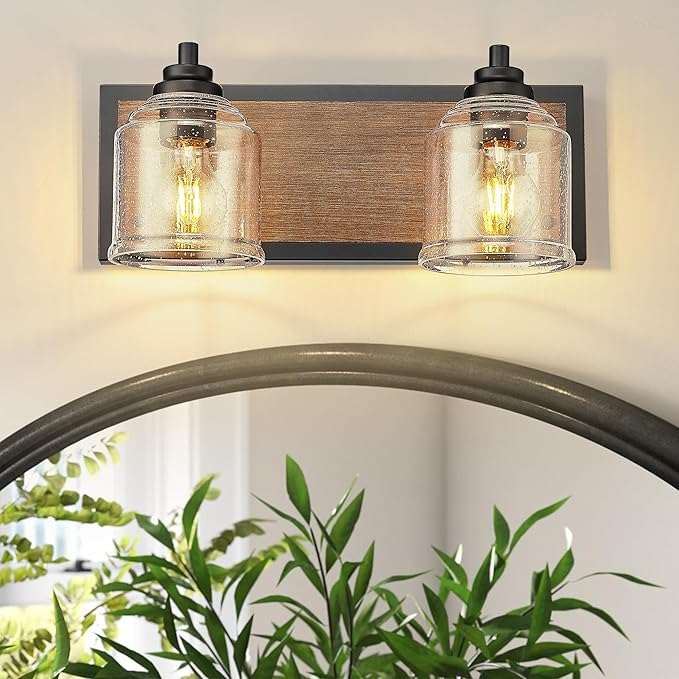 Vanity Lights for Bathroom Large 15.8", Farmhouse Rustic Vanity Light with Bubble Glass Shades, Brown 2 Light Bathroom Lighting Fixtures Over Mirror, Bath Wall Sconce Home Decor