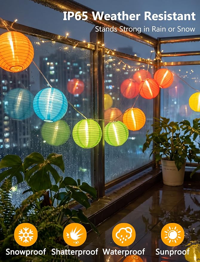 25FT Colorful Lantern String Lights Outdoor Waterproof, 10 Nylon 8-Inch Hanging Lanterns with 11 G40 LED Bulbs, End-to-End Connectable Decorative Patio Lights for Party, Garden, Backyard