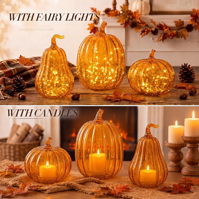 Yungyan Set of 3 Glass Pumpkin Lamp Shades Fall Decor,Orange | Pumpkin Candle Holder Rustic Thanksgiving Halloween Autumn Mantel Table Centerpiece Home Decoration, Lights Not Included