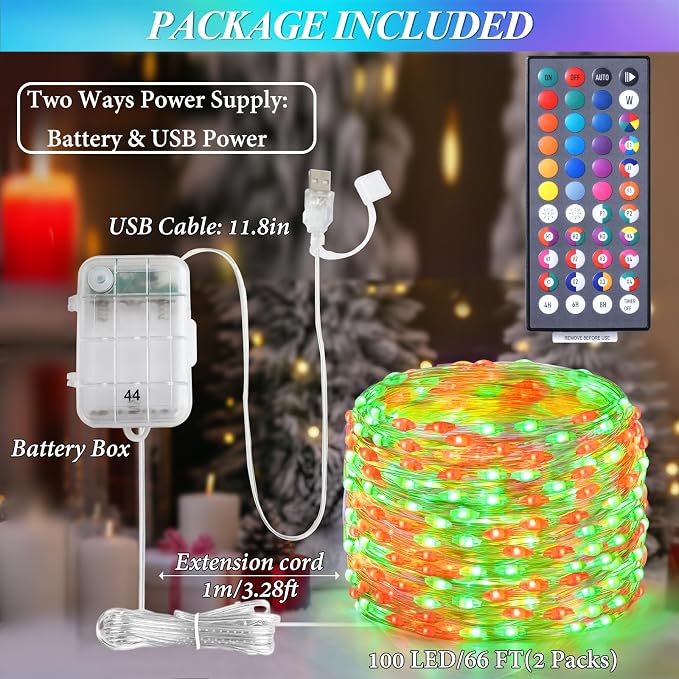Lovelite Fairy Lights 34 Colors Changing, 2 Pack Total 66FT 200LED Christmas String Lights Battery Operated USB Plug in, Waterproof Twinkle Lights with Remote for Indoor Outdoor Xmas Wedding Party