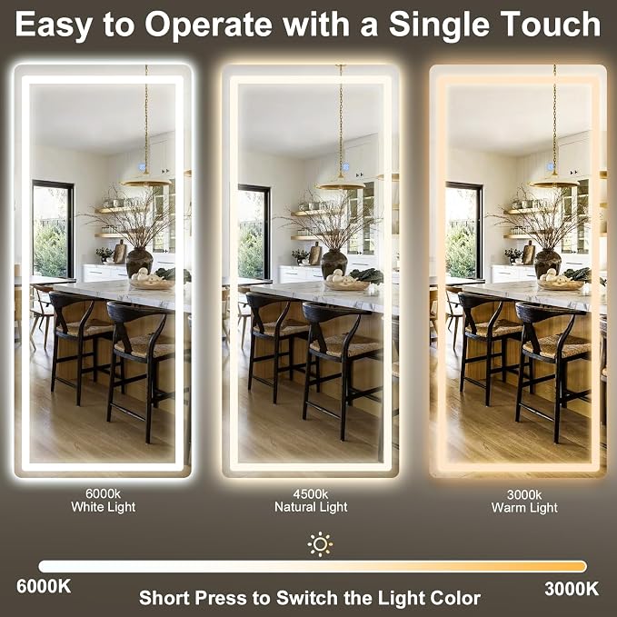 34x76 inch Full Length Mirror with Lights, LED Full Body Mirrors | Stepless Dimmable 3 Color Lighting Floor Standing/Hanging/Leaning/Wall Mounted Vanity Mirror for Bedroom Cloakroom (Rect)