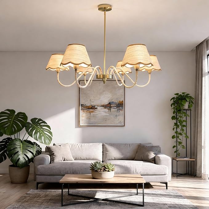 39" Boho Rattan Chandelier, 6-Light Rattan Pendant Light, Handwoven Natural Rattan, Rustic Industrial Adjustable Rattan Fixture for Dining Room, Kitchen Island & Living Room, E12 Socket