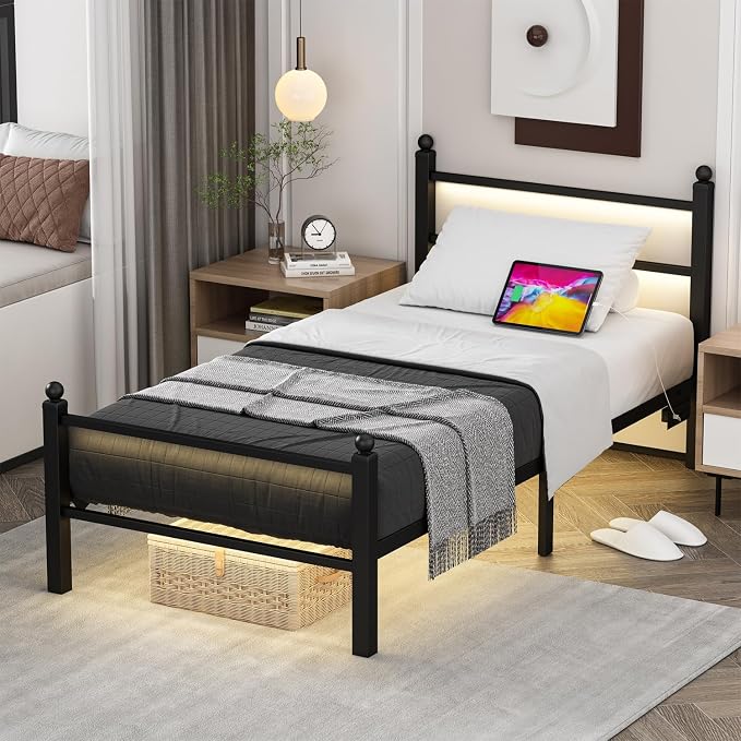 Twin Bed Frames with Charging Station & LED Lights, Metal bed frame twin size with Headboard and Footboard, Heavy Duty Slats Support Platform, No Box Spring Needed, Noise Free, Easy Assembly, Black