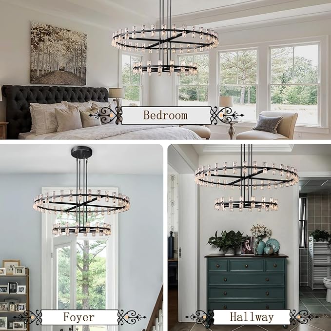 D32''+D40'' Large Black Wagon Wheel Chandelier 72-Lights Black Round Chandeliers Glass Chandeliers for Dining Room,Living Room Vintage Chandelier