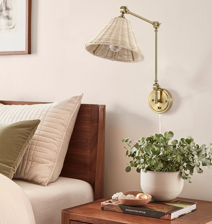 WINGBO Wall Sconce Rattan Wrapped Wall Lamp, Large Lampshade, Adjustable Swing Arm Wall Light Gold Vintage Bedside Light Fixture Wicker Handmade Shade Brass Reading Light Plug in or Hardwire (2 Pack)