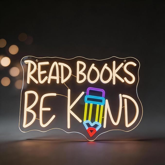 "Read Books Be Kind" Classroom LED Neon Sign | 16.5" x 10.4", Pencil Wall Decor, Inspirational Quote Light, Library Classroom Study Room Home Office
