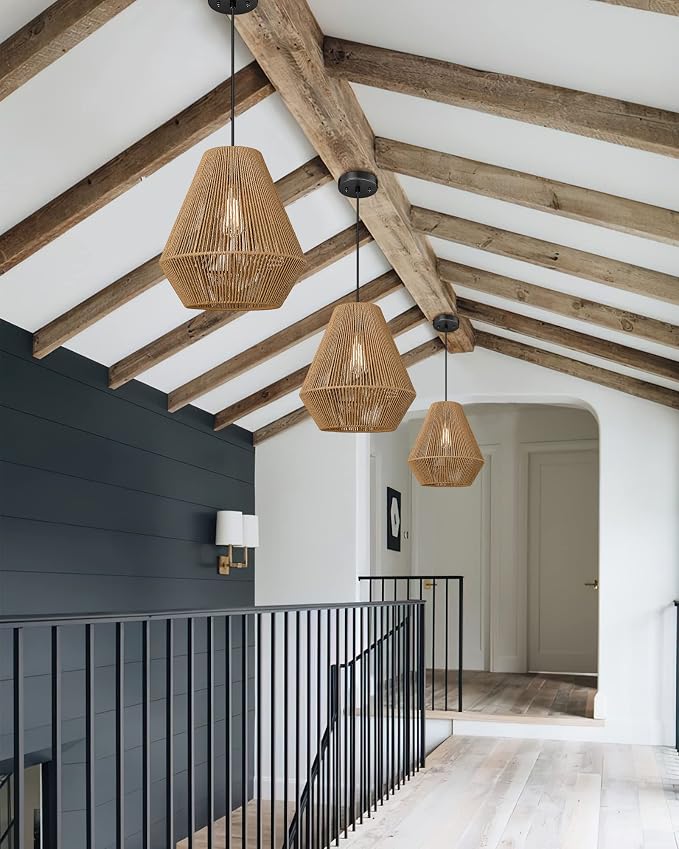 ELYONA Woven Pendant Lights Modern Boho Hanging Lamp with 12" Handwoven Rattan Basket Shade Adjustable Rustic Pendant Light Fixtures for Kitchen Island Farmhouse Dining Room Bar Bedroom Foyer Hallway